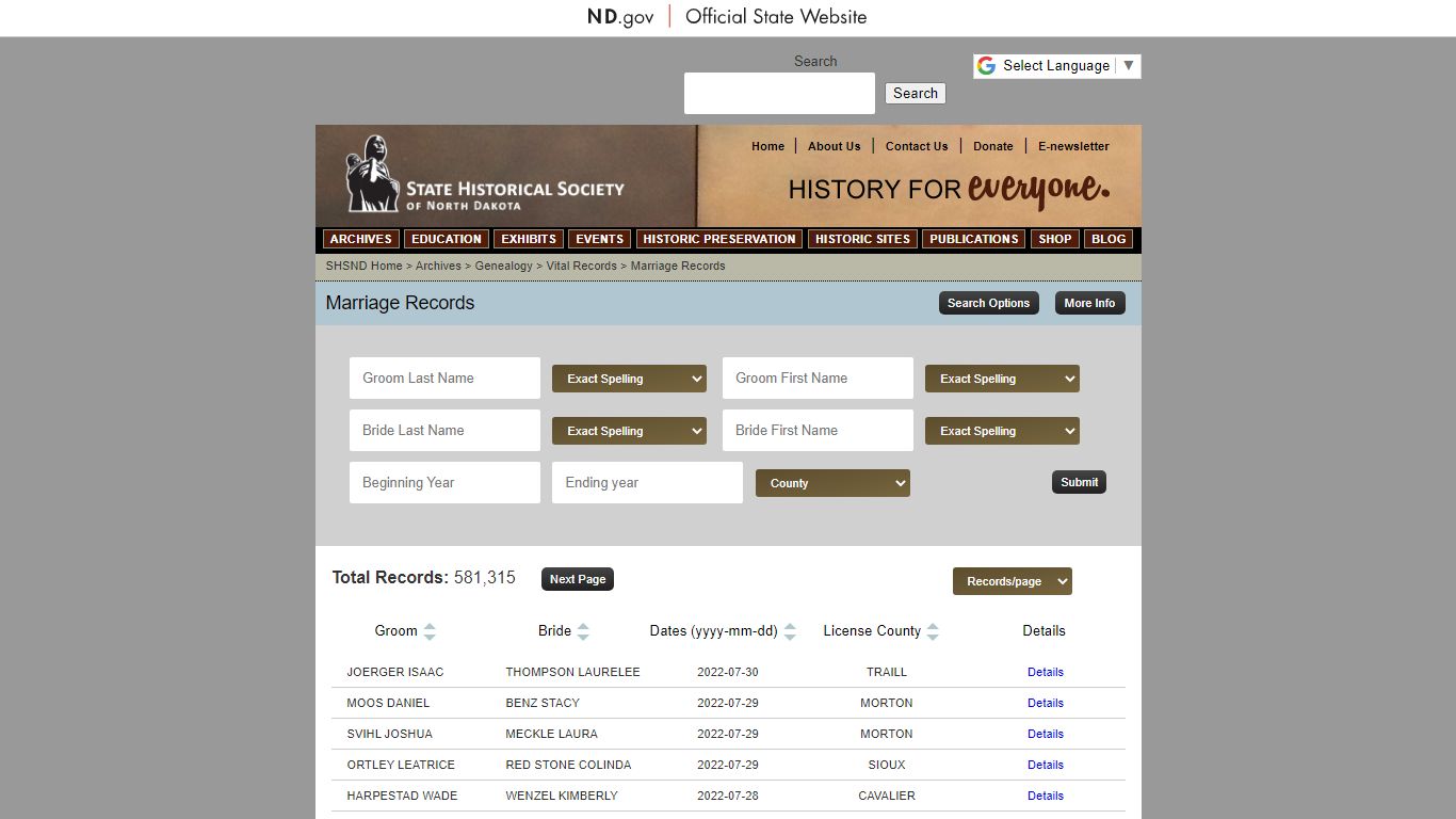 Marriage Records - State Archives - North Dakota